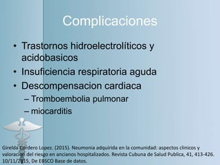 Complicaciones
• Trastornos hidroelectrolíticos y
acidobasicos
• Insuficiencia respiratoria aguda
• Descompensacion cardiaca
– Tromboembolia pulmonar
– miocarditis
Girelda Cordero Lopez. (2015). Neumonia adquirida en la comunidad: aspectos clinicos y
valoracion del riesgo en ancianos hospitalizados. Revista Cubuna de Salud Publica, 41, 413-426.
10/11/2015, De EBSCO Base de datos.
 