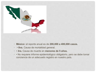 • México: el reporte anual es de 200,000 a 400,000 casos.
• • 8va. Causa de mortalidad general.
• • 3ra. Causa de muerte e...