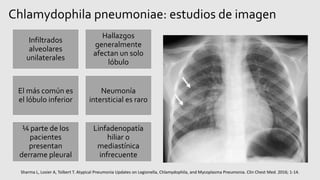 Chlamydophila pneumoniae: estudios de imagen
Infiltrados
alveolares
unilaterales
Hallazgos
generalmente
afectan un solo
lóbulo
El más común es
el lóbulo inferior
Neumonía
intersticial es raro
¼ parte de los
pacientes
presentan
derrame pleural
Linfadenopatía
hiliar o
mediastínica
infrecuente
Sharma L, Losier A, Tolbert T. Atypical Pneumonia Updates on Legionella, Chlamydophila, and Mycoplasma Pneumonia. Clin Chest Med. 2016; 1-14.
 