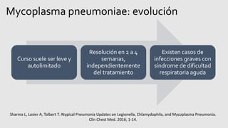 Mycoplasma pneumoniae: evolución
Curso suele ser leve y
autolimitado
Resolución en 2 a 4
semanas,
independientemente
del tratamiento
Existen casos de
infecciones graves con
síndrome de dificultad
respiratoria aguda
Sharma L, Losier A, Tolbert T. Atypical Pneumonia Updates on Legionella, Chlamydophila, and Mycoplasma Pneumonia.
Clin Chest Med. 2016; 1-14.
 