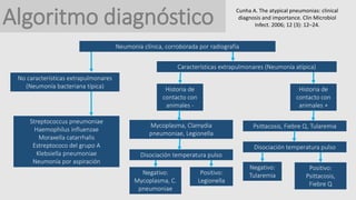 Algoritmo diagnóstico
Neumonía clínica, corroborada por radiografía
No características extrapulmonares
(Neumonía bacteriana típica)
Streptococcus pneumoniae
Haemophilus influenzae
Moraxella catarrhalis
Estreptococo del grupo A
Klebsiella pneumoniae
Neumonía por aspiración
Características extrapulmonares (Neumonía atípica)
Historia de
contacto con
animales -
Historia de
contacto con
animales +
Mycoplasma, Clamydia
pneumoniae, Legionella
Psittacosis, Fiebre Q, Tularemia
Disociación temperatura pulso
Disociación temperatura pulso
Negativo:
Mycoplasma, C.
pneumoniae
Positivo:
Legionella
Negativo:
Tularemia
Positivo:
Psittacosis,
Fiebre Q
Cunha A. The atypical pneumonias: clinical
diagnosis and importance. Clin Microbiol
Infect. 2006; 12 (3): 12–24.
 