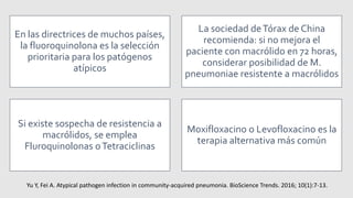 En las directrices de muchos países,
la fluoroquinolona es la selección
prioritaria para los patógenos
atípicos
La sociedad deTórax de China
recomienda: si no mejora el
paciente con macrólido en 72 horas,
considerar posibilidad de M.
pneumoniae resistente a macrólidos
Si existe sospecha de resistencia a
macrólidos, se emplea
Fluroquinolonas oTetraciclinas
Moxifloxacino o Levofloxacino es la
terapia alternativa más común
Yu Y, Fei A. Atypical pathogen infection in community-acquired pneumonia. BioScience Trends. 2016; 10(1):7-13.
 