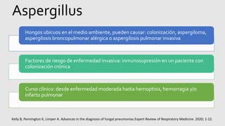 Aspergillus
Hongos ubicuos en el medio ambiente, pueden causar: colonización, aspergiloma,
aspergilosis broncopulmonar alérgica o aspergilosis pulmonar invasiva
Factores de riesgo de enfermedad invasiva: inmunosupresión en un paciente con
colonización crónica
Curso clínico: desde enfermedad moderada hasta hemoptisis, hemorragia y/o
infarto pulmonar
Kelly B, Pennington K, Limper A. Advances in the diagnosis of fungal pneumonias.Expert Review of Respiratory Medicine. 2020; 1-12.
 