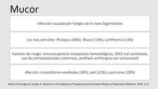 Mucor
Infección causada por hongos de la clase Zygomycetes
Los más comúnes: Rhizopus (48%), Mucor (14%), Lichtheimia (13%)
Factores de riesgo: inmunosupresión (neoplasias hematológicas, DM2 mal controlada,
uso de corticoesteroides sistémicos, profilaxis antifúngica con voriconazol)
Afección: rinoorbitario-cerebrales (34%), piel (22%) y pulmonar (20%)
Kelly B, Pennington K, Limper A. Advances in the diagnosis of fungal pneumonias.Expert Review of Respiratory Medicine. 2020; 1-12.
 