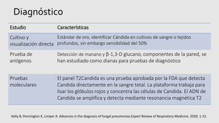 Diagnóstico
Estudio Características
Cultivo y
visualización directa
Estándar de oro, identificar Cándida en cultivos de sangre o tejidos
profundos, sin embargo sensibilidad del 50%
Prueba de
antígenos
Detección de manano y β-1,3-D glucano, componentes de la pared, se
han estudiado como dianas para pruebas de diagnóstico
Pruebas
moleculares
El panel T2Candida es una prueba aprobada por la FDA que detecta
Candida directamente en la sangre total. La plataforma trabaja para
lisar los glóbulos rojos y concentra las células de Candida. El ADN de
Candida se amplifica y detecta mediante resonancia magnética T2
Kelly B, Pennington K, Limper A. Advances in the diagnosis of fungal pneumonias.Expert Review of Respiratory Medicine. 2020; 1-12.
 
