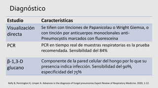 Diagnóstico
Estudio Características
Visualización
directa
Se tiñen con tinciones de Papanicolau o Wright Giemsa, o
con tinción por anticuerpos monoclonales anti-
Pneumocystis marcados con fluoresceína
PCR PCR en tiempo real de muestras respiratorias es la prueba
recomendada. Sensibilidad del 84%
β-1,3-D
glucano
Componente de la pared celular del hongo por lo que su
presencia indica infección. Sensibilidad del 90%,
especificidad del 75%
Kelly B, Pennington K, Limper A. Advances in the diagnosis of fungal pneumonias.Expert Review of Respiratory Medicine. 2020; 1-12.
 