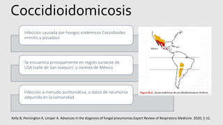 Coccidioidomicosis
Infección causada por hongos endémicos Coccidioides
immitis y posadasii
Se encuentra principalmente en región suroeste de
USA (valle de San Joaquín) y noreste de México
Infección a menudo asintomática, o datos de neumonía
adquirida en la comunidad
Kelly B, Pennington K, Limper A. Advances in the diagnosis of fungal pneumonias.Expert Review of Respiratory Medicine. 2020; 1-12.
 
