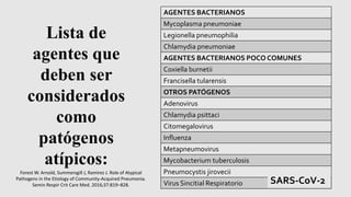 Lista de
agentes que
deben ser
considerados
como
patógenos
atípicos:
AGENTES BACTERIANOS
Mycoplasma pneumoniae
Legionella pneumophilia
Chlamydia pneumoniae
AGENTES BACTERIANOS POCO COMUNES
Coxiella burnetii
Francisella tularensis
OTROS PATÓGENOS
Adenovirus
Chlamydia psittaci
Citomegalovirus
Influenza
Metapneumovirus
Mycobacterium tuberculosis
Pneumocystis jirovecii
Virus Sincitial Respiratorio SARS-CoV-2
Forest W. Arnold, Summersgill J, Ramirez J. Role of Atypical
Pathogens in the Etiology of Community-Acquired Pneumonia.
Semin Respir Crit Care Med. 2016;37:819–828.
 
