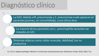 Diagnóstico clínico
La NAC debida a M. pneumoniae y C. pneumoniae suele aparecer en
pacientes jóvenes, sin comorbilidad, curso clínico leve
La mayoría de los pacientes con L. pneumophila necesitan ser
tratados en UCI
Síntomas atípicos como: dolor muscular, debilidad, tos no
productiva
Yu Y, Fei A. Atypical pathogen infection in community-acquired pneumonia. BioScience Trends. 2016; 10(1):7-13.
 