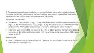 2. Para pacientes adultos ambulatorios con comorbilidades como enfermedad cardíaca,
pulmonar, hepática o renal crónica; diabetes mellitus; alcoholismo; malignidad; o asplenia
recomiendan (sin ningún orden de preferencia en particular):
Terapia de combinación:
 amoxicilina / clavulanato 500 mg / 125 mg tres veces al día, o amoxicilina / clavulanato 875
mg / 125 mg dos veces al día, o 2000 mg / 125 mg dos veces al día, o una cefalosporina
(cefpodoxima 200 mg dos veces al día o cefuroxima 500 mg dos veces al día); Y
 macrólido (azitromicina 500 mg el primer día y luego 250 mg al día, claritromicina [500 mg
dos veces al día o liberación prolongada 1000 mg una vez al día] o doxiciclina 100 mg dos
veces al día; O
Monoterapia:
 fluoroquinolona respiratoria (levofloxacina 750 mg al día, moxifloxacino 400 mg al día o
gemifloxacina 320 mg al día.
 