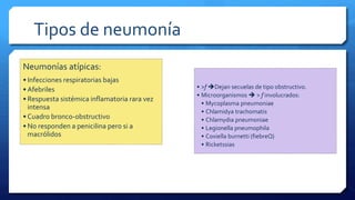 Tipos de neumonía
Neumonías atípicas:
• Infecciones respiratorias bajas
• Afebriles
• Respuesta sistémica inflamatoria rara vez
intensa
• Cuadro bronco-obstructivo
• No responden a penicilina pero si a
macrólidos
• >f Dejan secuelas de tipo obstructivo.
• Microorganismos  > f involucrados:
• Mycoplasma pneumoniae
• Chlamidya trachomatis
• Chlamydia pneumoniae
• Legionella pneumophila
• Coxiella burnetti (fiebreQ)
• Ricketssias
 