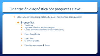 Orientación diagnóstica por preguntas clave:
 ¿Si es una infección respiratoria baja, ¿es neumonía o bronquiolitis?
 Bronquilitis
 Taquipnea
 Signos de dificultad respiratoria aguda
 Cuadro predominantemente broncoobstructivoç
 Época de epidemia
 < de 2 años
 Es primer episodio.
 Episodios recurrentes  Asma
 