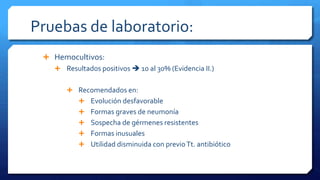 Pruebas de laboratorio:
 Hemocultivos:
 Resultados positivos  10 al 30% (Evidencia II.)
 Recomendados en:
 Evolución desfavorable
 Formas graves de neumonía
 Sospecha de gérmenes resistentes
 Formas inusuales
 Utilidad disminuida con previoTt. antibiótico
 