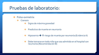 Pruebas de laboratorio:
 Pulso-oximetría:
 Cianosis
 Signo de máxima gravedad
 Predictivo de muerte en neumonía
 Hipoxemia   riesgo de muerte por neumonía (Evidencia II)
 Debe tomarse en todo niño que sea admitido en el hospital con
neumonía (Recomendación B)
 