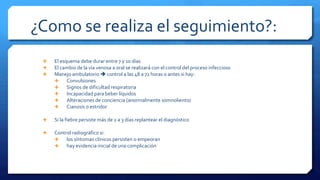 ¿Como se realiza el seguimiento?:
 El esquema debe durar entre 7 y 10 días
 El cambio de la vía venosa a oral se realizará con el control del proceso infeccioso
 Manejo ambulatorio  control a las 48 a 72 horas o antes si hay:
 Convulsiones
 Signos de dificultad respiratoria
 Incapacidad para beber líquidos
 Alteraciones de conciencia (anormalmente somnoliento)
 Cianosis o estridor
 Si la fiebre persiste más de 2 a 3 días replantear el diagnóstico
 Control radiográfico si:
 los síntomas clínicos persisten o empeoran
 hay evidencia inicial de una complicación
 