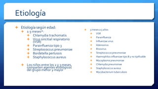 Etiología
 Etiología según edad:
 1-3 meses*:
 Chlamydia trachomatis
 Virus sincitial respiratorio
(VSR)
 Parainfluenza tipo 3
 Streptococcus pneumoniae
 Bordetella pertussis
 Staphylococcus aureus
 Los niños entre los 2 y 3 meses,
comparten agentes etiológicos
del grupo menor y mayor
 3 meses a 5 años:
 VSR
 Parainfluenza
 Influenzae virus
 Adenovirus
 Rinovirus
 Streptococcus pneumoniae
 Haemophilus influenzae tipo B y no tipificable
 Mycoplasma pneumoniae
 Chlamydia pneumoniae
 Staphylococcus aureus
 Mycobacterium tuberculosis
 