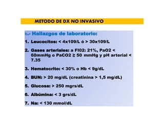 METODO DE DX NO INVASIVO
b.- Hallazgos de laboratorio:
1. Leucocitos: < 4x109/L ó > 30x109/L
2. Gases arteriales: a FI02: 21%, PaO2 <
60mmHg o PaCO2 ≥ 50 mmHg y pH arterial <
7.35
3. Hematocrito: < 30% o Hb < 9g/dL
4. BUN: > 20 mg/dL (creatinina > 1,5 mg/dL)
5. Glucosa: > 250 mgrs/dL
6. Albúmina: < 3 grs/dL
7. Na: < 130 mmol/dL
 