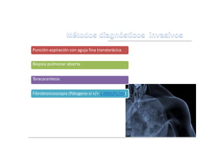 (Manual CTO. de Medicina y Cirugia. Enfermedades infecciosas. CTO editorial.2011)
Punción-aspiración con aguja fina transtorácica
• . ↑ especificidad ↓sensibilidad
Biopsia pulmonar abierta
• + agresiva en caso de que sea progresiva
Toracocentesis
Fibrobroncoscopia (Pátogeno si +/= 1.000UFC/ml)
•Derrame pleural paraneumónico y/o empiema
 