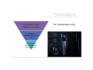 Ceftriaxona2g IV c/24 hrs Pte. Hospitalizados enUCI
Cefotaxima 1-2g IV c/8hrs
Ampicilina-
sulbactama 2 g IV c/8
hrs
Azitromicina o
fluoroquinolonas
dosis anteriores.
 