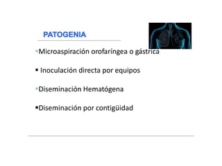 )
Microaspiración orofaríngea o gástrica
 Inoculación directa por equipos.
Diseminación Hematógena
Diseminación por contigüidad
 