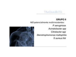 GRUPO II
MO potencialmente multirresistentes:
P
. aeruginosa
Acinetobacter spp
Citrobacter spp
Stenotrophomonas maltophilia
S aureus RM
 