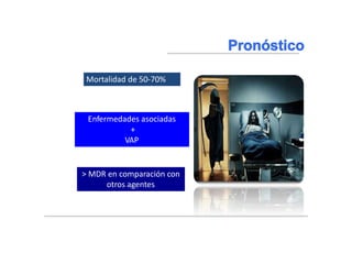 Braunwald, Eugene, and Tinsley Randolph Harrison. "NEUMONIA." Harrison: principios de medicina interna. Madrid:)
McGraw-Hill, 2002. 1619-1628. Impreso.
Mortalidad de 50-70%
Enfermedades asociadas
+
VAP
> MDR en comparación con
otros agentes
 