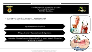  PACIENTES CON INSUFICIENCIA RESPIRATORIA
Aporte adecuado de líquidos
Oxigenoterapia Signos clínicos de hipoxemia
Intubación: Signos clínicos de hipoxemia, pO2 en sangre arterial <30 mmHg y
pCO2 > de 65 mmHg
OCTAVIO RIVERO SERRANO (2009), 6TA EDICIÓN, NEUMOLOGÍA/
KUMATE-GUTIERREZ (2013), 17MA INFECTOLOGÍA CLINICA
UNIVERSIDAD AUTÓNOMA DE SINALOA
FACULTAD DE MEDICINA
HEPATITIS VIRAL
UNIVERSIDAD AUTÓNOMA DE SINALOA
FACULTAD DE MEDICINA
NEUMONÍA VIRAL
 