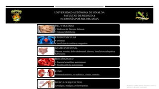 PIEL Y MUCOSAS
• Síndrome de Stevens Johnson
• Eritema Multiforme
CARDIOVASCULAR
• arritmias
• Insuficiencia cardiaca congestiva
GASTROINTESTINAL
Nausea, vomito, dolor abdominal, diarrea, Insuficiencia hepática
fulminante.
HEMATOLOGICO
• Anemia hemolítica autoinmune
• Tromboembolia autoinmune
RENAL
Glomerulonefritis, sx nefrótico, cistitis, uretritis.
MUSCULOESQUELETICO
Artralgias, mialgias, poliartropatias. KUMATE J.[2008]. INFECTOLOGIA CLINICA.
MÉXICO; MENDEZ EDITORES.
UNIVERSIDAD AUTÓNOMA DE SINALOA
FACULTAD DE MEDICINA
HEPATITIS VIRAL
UNIVERSIDAD AUTÓNOMA DE SINALOA
FACULTAD DE MEDICINA
NEUMONÍA POR MICOPLASMA
 