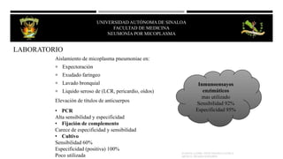 LABORATORIO
Aislamiento de micoplasma pneumoniae en:
 Expectoración
 Exudado faríngeo
 Lavado bronquial
 Liquido seroso de (LCR, pericardio, oídos)
Elevación de títulos de anticuerpos
• PCR
Alta sensibilidad y especificidad
• Fijación de complemento
Carece de especificidad y sensibilidad
• Cultivo
Sensibilidad 60%
Especificidad (positiva) 100%
Poco utilizada
Inmunoensayos
enzimáticos
mas utilizado
Sensibilidad 92%
Especificidad 95%
KUMATE J.[2008]. INFECTOLOGIA CLINICA.
MÉXICO; MENDEZ EDITORES.
UNIVERSIDAD AUTÓNOMA DE SINALOA
FACULTAD DE MEDICINA
HEPATITIS VIRAL
UNIVERSIDAD AUTÓNOMA DE SINALOA
FACULTAD DE MEDICINA
NEUMONÍA POR MICOPLASMA
 