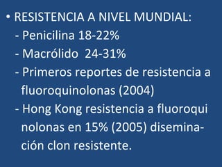 <ul><li>RESISTENCIA A NIVEL MUNDIAL: </li></ul><ul><li>- Penicilina 18-22% </li></ul><ul><li>- Macrólido  24-31% </li></ul...