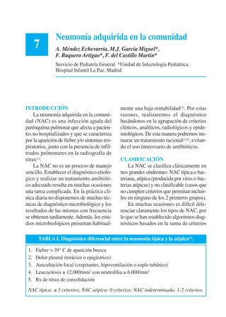 INTRODUCCIÓN
La neumonía adquirida en la comuni-
dad (NAC) es una infección aguda del
parénquima pulmonar que afecta a pacien-
tes no hospitalizados y que se caracteriza
por la aparición de fiebre y/o síntomas res-
piratorios, junto con la presencia de infil-
trados pulmonares en la radiografía de
tórax(1).
La NAC no es un proceso de manejo
sencillo. Establecer el diagnóstico etioló-
gico y realizar un tratamiento antibióti-
co adecuado resulta en muchas ocasiones
una tarea complicada. En la práctica clí-
nica diaria no disponemos de muchas téc-
nicas de diagnóstico microbiológico y los
resultados de las mismas con frecuencia
se obtienen tardíamente.Además, los estu-
dios microbiológicos presentan habitual-
mente una baja rentabilidad(2). Por estas
razones, realizaremos el diagnóstico
basándonos en la agrupación de criterios
clínicos, analíticos, radiológicos y epide-
miológicos. De esta manera podremos ins-
taurar un tratamiento racional(3,4), evitan-
do el uso innecesario de antibióticos.
CLASIFICACIÓN
La NAC se clasifica clásicamente en
tres grandes síndromes: NAC típica o bac-
teriana, atípica (producida por virus o bac-
terias atípicas) y no clasificable (casos que
no cumplen criterios que permitan incluir-
los en ninguno de los 2 primeros grupos).
En muchas ocasiones es difícil dife-
renciar claramente los tipos de NAC, por
lo que se han establecido algoritmos diag-
nósticos basados en la suma de criterios
Neumonía adquirida en la comunidad
A. Méndez Echevarría, M.J. García Miguel*,
F. Baquero Artigao*, F. del Castillo Martín*
Servicio de Pediatría General. *Unidad de Infectología Pediátrica.
Hospital Infantil La Paz. Madrid
7
TABLA I. Diagnóstico diferencial entre la neumonía típica y la atípica(3).
1. Fiebre > 39° C de aparición brusca
2. Dolor pleural (torácico o epigástrico)
3. Auscultación focal (crepitantes, hipoventilación o soplo tubárico)
4. Leucocitosis ≥ 12.000/mm3 con neutrofilia ≥ 6.000/mm3
5. Rx de tórax de consolidación
NAC típica: ≥ 3 criterios; NAC atípica: 0 criterios; NAC indeterminada: 1-2 criterios.
 