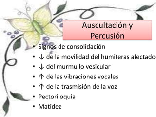 Auscultación y
Percusión
• Signos de consolidación
• ↓ de la movilidad del humiteras afectado
• ↓ del murmullo vesicular
• ↑ de las vibraciones vocales
• ↑ de la trasmisión de la voz
• Pectoriloquia
• Matidez
 
