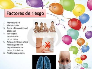 Factores de riesgo
1. Prematuridad
2. Malnutrición
3. Asma e hiperactividad
bronquial
4. Infecciones
respiratorias
recurrentes
5. Antecedentes de otitis
media aguda con
requerimiento de
tubos timpánicos.
6. Problemas sociales
 