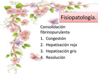 Fisiopatología.
Consolidación
fibrinopurulenta
1. Congestión
2. Hepatización roja
3. Hepatización gris
4. Resolución
 