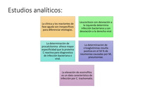 Estudios analíticos:
La clínica y los reactantes de
fase aguda son inespecíficos
para diferenciar etiologías.
Leucocitosis con desviación a
la izquierda determina
infección bacteriana y con
desviación a la derecha viral.
La determinación de
procalcitonina ofrece mayor
especificidad que la proteína
C reactiva para diagnostico
de infección bacteriana o
viral.
La determinación de
crioaglutininas resulta
positiva en el 50 % de
neumonías causadas por M,
pneumoniae.
La elevación de eosinofilos
es un dato característico de
infección por C. trachomatis.
 