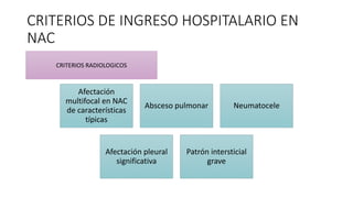 CRITERIOS DE INGRESO HOSPITALARIO EN
NAC
Afectación
multifocal en NAC
de características
típicas
Absceso pulmonar Neumatocele
Afectación pleural
significativa
Patrón intersticial
grave
CRITERIOS RADIOLOGICOS
 