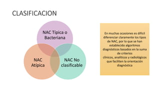CLASIFICACION
NAC Típica o
Bacteriana
NAC No
clasificable
NAC
Atípica
En muchas ocasiones es difícil
diferenciar claramente los tipos
de NAC, por lo que se han
establecido algoritmos
diagnósticos basados en la suma
de criterios
clínicos, analíticos y radiológicos
que faciliten la orientación
diagnóstica
 