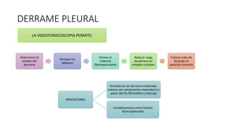 DERRAME PLEURAL
Determinar el
estadio del
derrame
Romper los
tabiques
Drenar el
material
fibrinopurulento
Reducir carga
bacteriana en
estadios iniciales
Colocar tubo de
drejnaje en
posicion correcta
LA VIDEOTORACOSCOPIA PERMITE:
INDICACIONES
Persistencia de derrame moderado-
masivo con compromiso respiratorio a
pesar del tto fibrinolitico y drenaje
Complicaciones como fistulas
broncopleurales
 