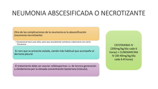 NEUMONIA ABSCESIFICADA O NECROTIZANTE
Otra de las complicaciones de la neumonía es la abscesificación
(neumonía necrotizante)
• Excepcional hace unos años, pero que actualmente comienza a observarse con cierta
frecuencia
Es raro que se presente aislada, siendo más habitual que acompañe al
derrame pleural.
El tratamiento debe ser asociar cefalosporinas i.v. de tercera generación
y clindamicina por la elevada concentración bacteriana (inóculo).
CEFOTAXIMA IV
(200mg/kg/dia cada 6
horas) + CLINDAMICINA
IV (30-40mg/kg/dia
cada 6-8 horas)
 