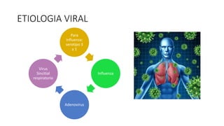 ETIOLOGIA VIRAL
Para
influenza:
serotipo 3
y 1
Influenza
Adenovirus
Virus
Sincitial
respiratorio
 