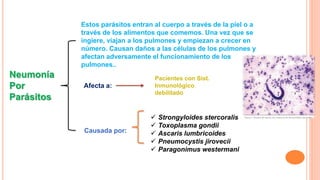 Neumonía
Por
Parásitos
Estos parásitos entran al cuerpo a través de la piel o a
través de los alimentos que comemos. Una vez que se
ingiere, viajan a los pulmones y empiezan a crecer en
número. Causan daños a las células de los pulmones y
afectan adversamente el funcionamiento de los
pulmones..
Afecta a:
Pacientes con Sist.
Inmunológico
debilitado
Causada por:
 Strongyloides stercoralis
 Toxoplasma gondii
 Ascaris lumbricoides
 Pneumocystis jirovecii
 Paragonimus westermani
 
