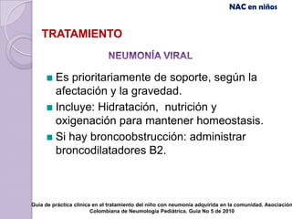 NAC en niños


    TRATAMIENTO


         Es prioritariamente de soporte, según la
         afectación y la gravedad.
         Incluye: Hidratación, nutrición y
         oxigenación para mantener homeostasis.
         Si hay broncoobstrucción: administrar
         broncodilatadores B2.



Guía de práctica clínica en el tratamiento del niño con neumonía adquirida en la comunidad. Asociación
                        Colombiana de Neumología Pediátrica. Guía No 5 de 2010
 