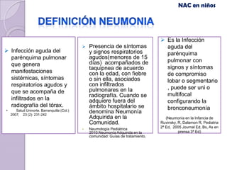 NAC en niños




                                                                                     Es la Infección
                                                Presencia de síntomas                aguda del
 Infección aguda del                            y signos respiratorios               parénquima
  parénquima pulmonar                            agudos(menores de 15
                                                 días) acompañados de                 pulmonar con
  que genera                                                                          signos y síntomas
                                                 taquipnea de acuerdo
  manifestaciones                                con la edad, con fiebre              de compromiso
  sistémicas, síntomas                           o sin ella, asociados                lobar o segmentario
  respiratorios agudos y                         con infiltrados
                                                 pulmonares en la                     , puede ser uni o
  que se acompaña de                                                                  multifocal
                                                 radiografía. Cuando se
  infiltrados en la                              adquiere fuera del                   configurando la
  radiografía del tórax.                         ámbito hospitalario se               bronconeumonía
•      Salud Uninorte. Barranquilla (Col.)
    2007; 23 (2): 231-242
                                                 denomina Neumonía
                                                 Adquirida en la                       (Neumonía en la Infancia de
                                                 Comunidad.                         Ruvinsky, R, Dalamon R, Pediatria
                                                                                    2ª Ed, 2005 Journal Ed, Bs, As en
                                                Neumología Pediátrica
                                                 2010.Neumonía Adquirida en la                prensa 3ª Ed)
                                                 comunidad: Guías de tratamiento.
 