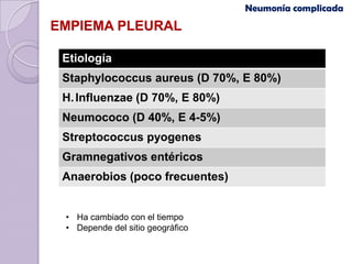 Neumonía complicada
EMPIEMA PLEURAL

 Etiología
 Staphylococcus aureus (D 70%, E 80%)
 H. Influenzae (D 70%, E 80%)
 Neumococo (D 40%, E 4-5%)
 Streptococcus pyogenes
 Gramnegativos entéricos
 Anaerobios (poco frecuentes)


 • Ha cambiado con el tiempo
 • Depende del sitio geográfico
 