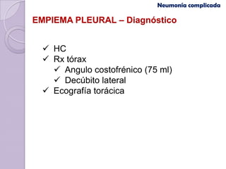 Neumonía complicada

EMPIEMA PLEURAL – Diagnóstico


   HC
   Rx tórax
     Angulo costofrénico (75 ml)
     Decúbito lateral
   Ecografía torácica
 