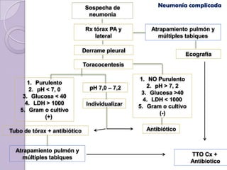 Sospecha de             Neumonía complicada
                               neumonía

                               Rx tórax PA y        Atrapamiento pulmón y
                                   lateral            múltiples tabiques

                              Derrame pleural
                                                                Ecografía
                              Toracocentesis

                                                1. NO Purulento
       1. Purulento
                                pH 7,0 – 7,2       2. pH > 7, 2
       2. pH < 7, 0
                                                 3. Glucosa >40
     3. Glucosa < 40
                                                  4. LDH < 1000
      4. LDH > 1000            Individualizar   5. Gram o cultivo
    5. Gram o cultivo
                                                       (-)
             (+)

Tubo de tórax + antibiótico                       Antibiótico


  Atrapamiento pulmón y
                                                                    TTO Cx +
    múltiples tabiques
                                                                    Antibiotico
 