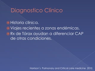 Diagnostico Clínico
⦿Historia clínica.
⦿Viajes recientes a zonas endémicas.
⦿Rx de Tórax ayudan a diferenciar CAP
de otras condiciones.
Harrison`s Pulmonary and Critical care medicine 2010
 