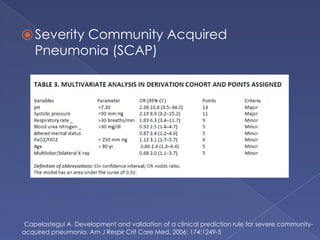 ⦿Severity Community Acquired
Pneumonia (SCAP)
Capelastegui A. Development and validation of a clinical prediction rule for severe community-
acquired pneumonia. Am J Respir Crit Care Med. 2006; 174:1249-5
 
