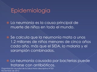 Epidemiologia
⦿ La neumonía es la causa principal de
muerte de niños en todo el mundo.
⦿ Se calcula que la neumonía mata a unos
1,2 millones de niños menores de cinco años
cada año, más que el SIDA, la malaria y el
sarampión combinados.
⦿ La neumonía causada por bacterias puede
tratarse con antibióticos.
Organización Mundial de la Salud Nota descriptiva N°331
Noviembre de 2012
 