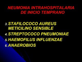NEUMONIA INTRAHOSPITALARIA DE INICIO TEMPRANO STAFILOCOCO AUREUS METICILINO SENSIBLE STREPTOCOCO PNEUMONIAE HAEMOFILUS INFLUENZAE ANAEROBIOS 